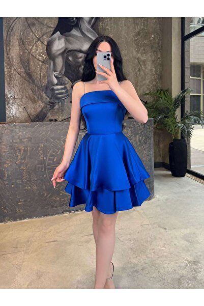 missswans Rena Taş Askılı Arkası Bağcıklı Eteği Kloş Katlı Mini Boy Saten Elb...
