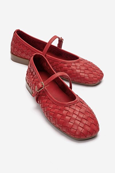 LuviShoes YEVORA Kırmızı Örgü Hakiki Deri Bantlı Kadın Babet Ayakkabı