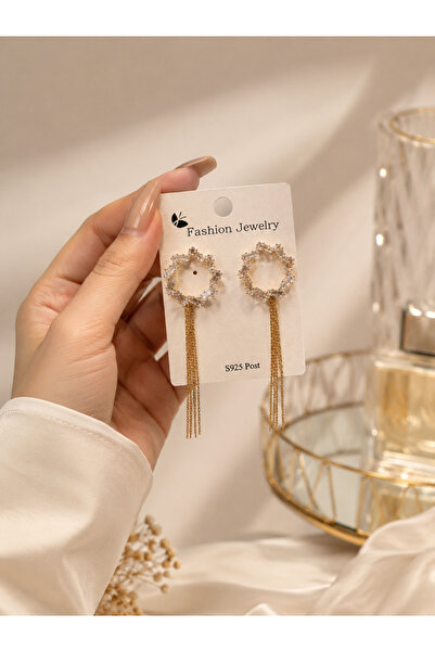 Bymiel Zircon Stone Detailed Dangle Earrings for Women – Gold Color