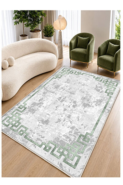 STY Home Gri Yeşil Dijital Baskı Halı Kaymaz Tabanlı Yıkanabilir Halı Yolluk ...