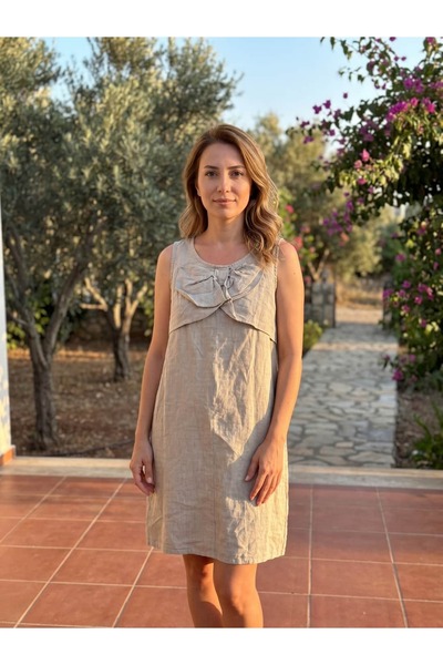Punta Otantik Nc2104 Italian Ribbon Detailed Short Linen Dress Mink