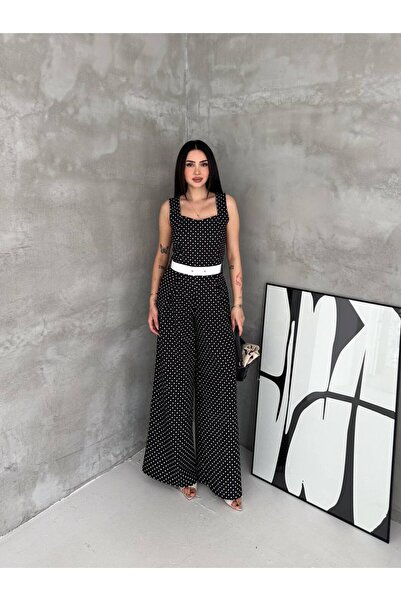 BLUSS Women's Polka Dot Belt Detailed Square Neck Palazzo Jumpsuit
