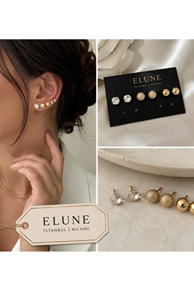 ELUNE İSTANBUL & Milano 3’lü Gold Serisi Zirkon Taşlı ve Dokulu Top Küpe Seti...