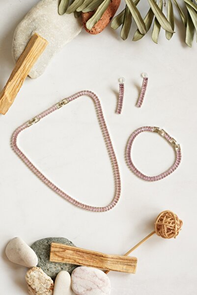 Simovia Pembe 5 mm Baget Taşlı Su Yolu Gümüş Kolye Bileklik Küpe 3'lü Set