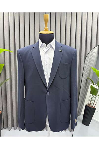 Avni Ceylan Men's Navy Blue Textured Pocket Single Button Blazer Jacket