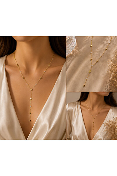 Fashion Jewellery Zarif Tasarım Zincir Kalp ve Boncuklu Y Kolye