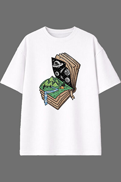 VSRN Tricou supradimensionat alb cu imprimeu frontal Book Nature Design
