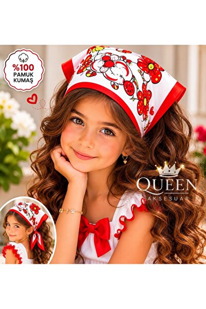QUEEN AKSESUAR Red Teddy Bear Patterned Cotton Fabric Bandana Scarf Neck Gait...