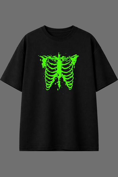 VSRN Green Rib Design Front Printed Black Oversize T-Shirt