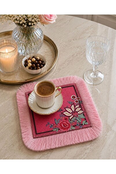 Karam Home Pembe Çiçek Desenli Püsküllü Kahve Yanı Sunumluğu | Dekoratif Sunu...