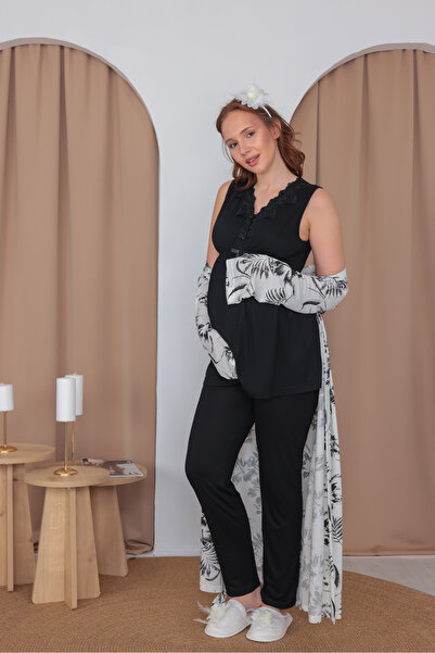 Yulem Homewear طقم بيجامة للحوامل من القطن بتصميم دانتيل أسود مكون من 3 قطع