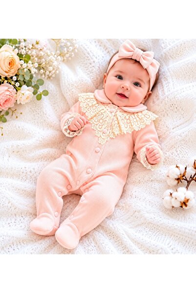 Pure Boutique Salopeta eleganta bebe fetita roz pudrat cu dantela si bentita