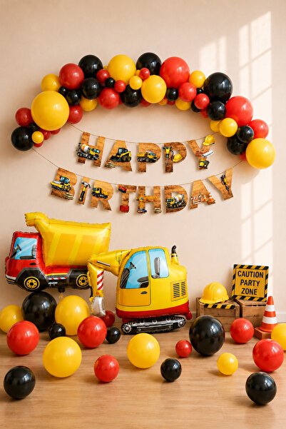 Baloncu Nene Construction Themed Birthday Balloon Set Red Black Yellow Happy ...