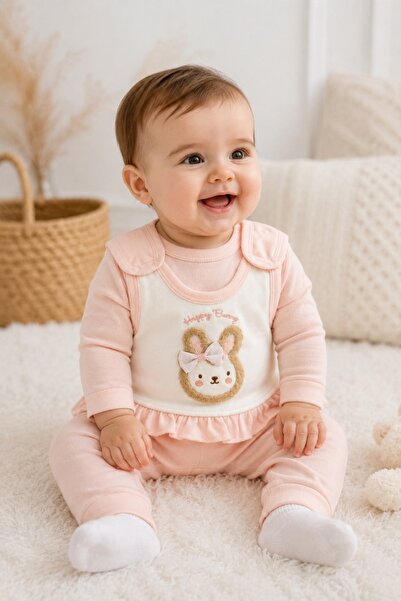 Pure Boutique Set bebe fetita 2 piese roz pudra cu salopeta iepuras si bluza ...