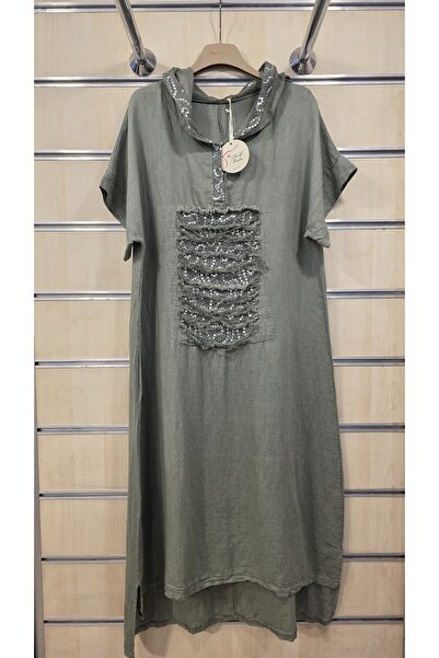 Park Moda Italian Linen Dress with Sequins and Fringe Detail