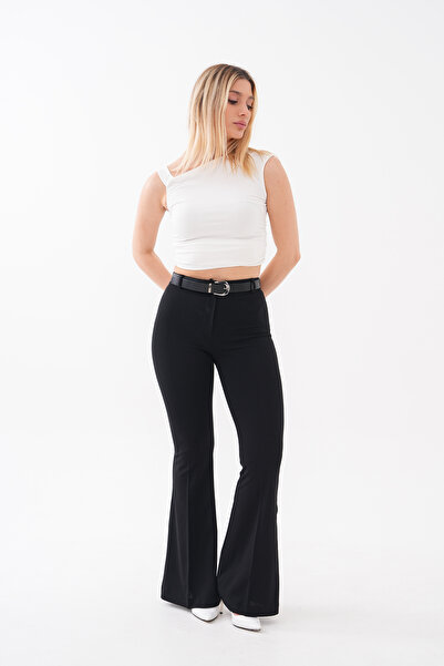 Noravelle Women's Black High Waist Belted Spanish Flare Trousers