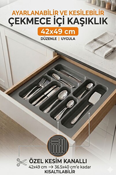 MEGAHOME STORE 1. Sınıf Gri Renk Çekmece içi Kaşıklık ve Kepçelik 42x49 cm (3...