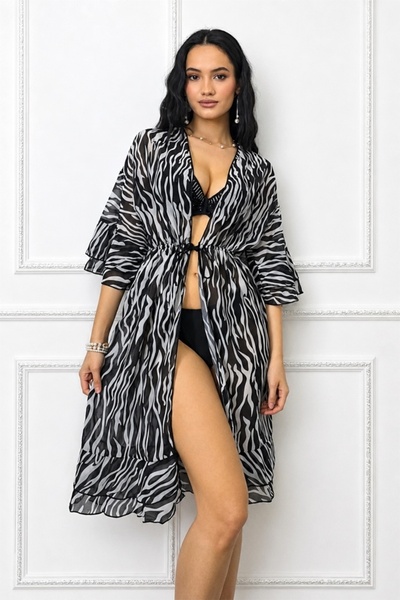 FashionForYou Midi beach cardigan Amber Print, with ruffles and adjustable dr...