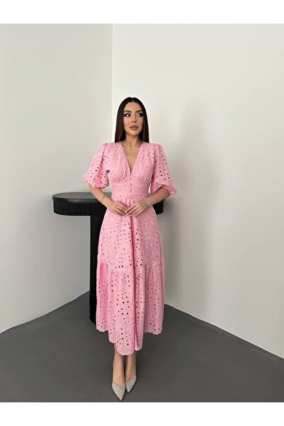 Ekim Store Duga haljina sa čipkom i V-izrezom