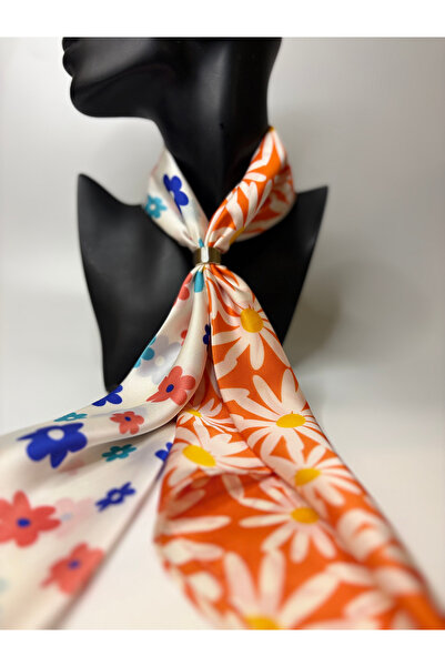 BHR AKSESUAR Daisy Patterned Double-Sided Scarf with Gold Ring Detail (70X70 cm)