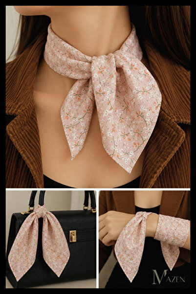 MAZEN Salmon Flower Patterned 45X45 Summer Chiffon Scarf |   Women's Neck Hai...