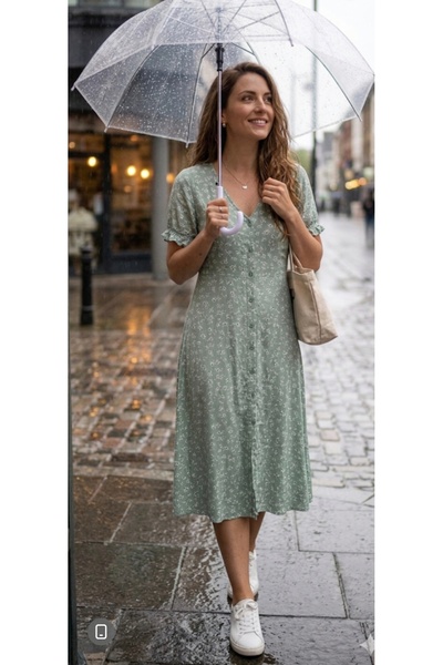MODA Rochie cămașă din bumbac imprimat, verde mentă, cu flori, lungime până l...