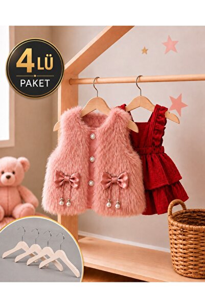 Wholewood 4'lü Doğal Ahşap Bebek ve Çocuk Askısı Elbise, Gömlek ve Mont Askılığı
