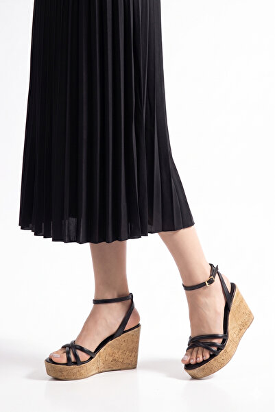 HVZ Exclusive Women's Black Leather Wedge Heeled Sandals Straw Look Platform ...