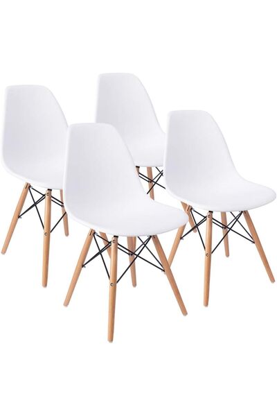 MARIA HOMES 4-Piece Modern Plastic Chair with Wooden Legs, Shell Lounge, Whit...