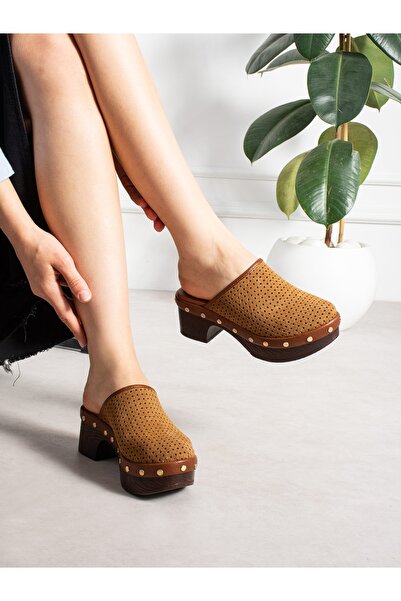 ALEMDAR AYAKKABI Hi̇stor Tan Suede Heeled Women's Slippers