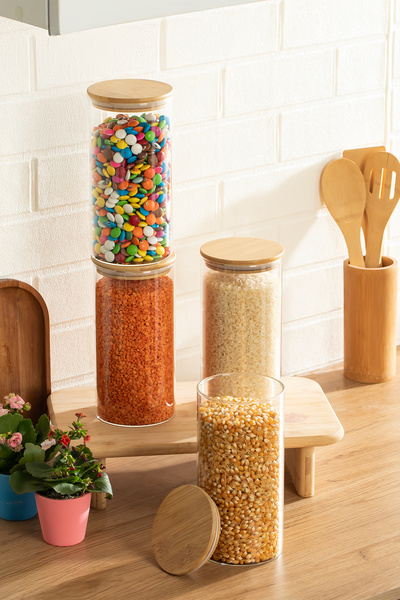 Porsima 3-4 Bamboo Vacuum Lids Round Borosilicate Glass 4-Piece Jar Set Stora...