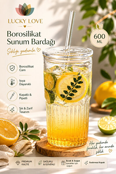 Lucky Love Borosilikat Sunum Bardağı, Kapaklı Pipetli Bardak, Kahve Bardağı, ...