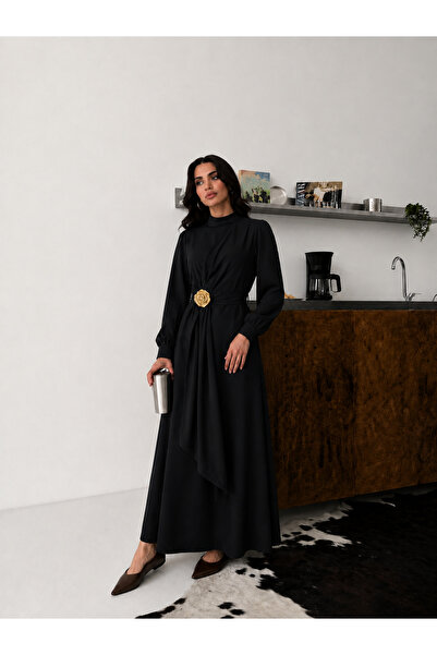 comstar Rochie lungă neagră premium, elegantă, cu detaliu în talie, pentru femei