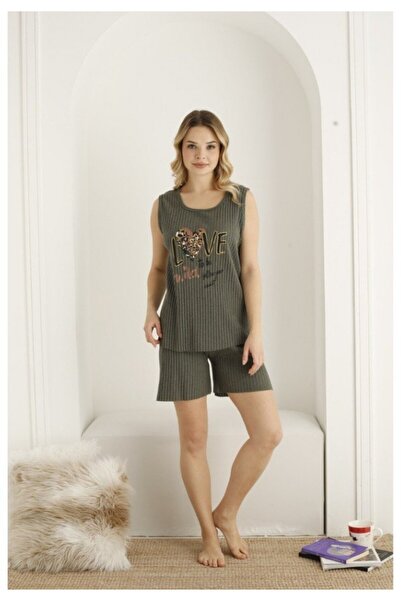 lindros Women's pajamas, short sleeves and shorts, gray color, "Love" print
