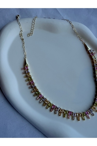 Renkli Taşlı S.waroski 14K Gold Kolye