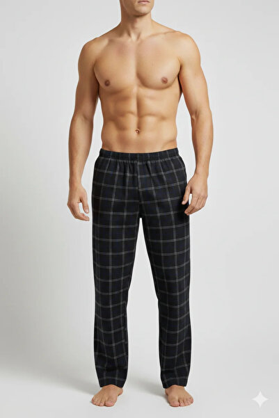 Serena Men's long pajama pants with Stretchy waist, black print with Striped