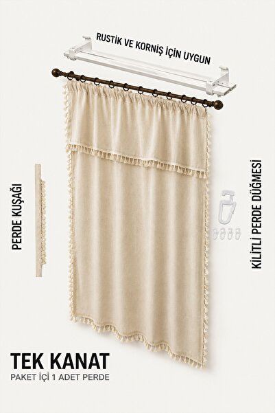 cotton maison Cozy Boho Naturel Püsküllü Fon Perde - Tek Kanat, rustik ve Korniş Uyumlu