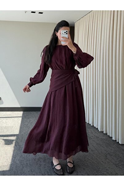 My Blog Plum Color Elastic Waist Modest Belted Dress - 7051