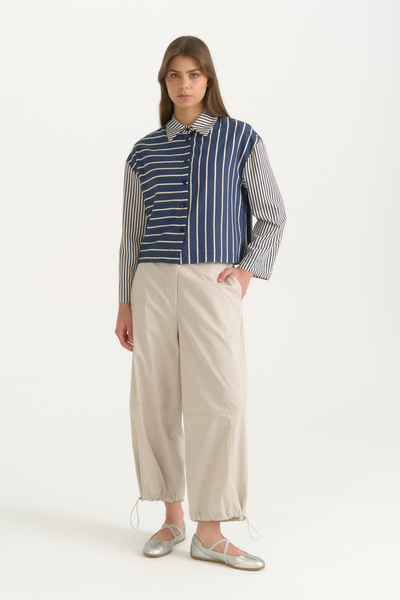 Nihan Striped Crop Viscose Shirt - Navy Blue