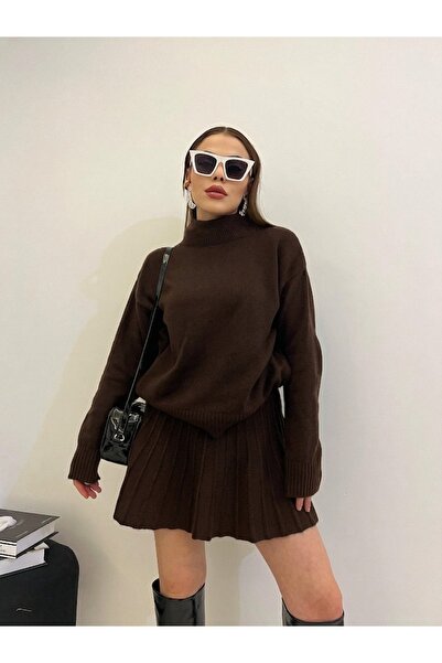 POİNE Women's Turtleneck Knitwear Skirted Stylish Top-And-Bottom Set