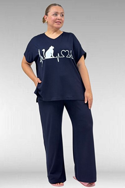Eslina 67804 Büyük Beden Yanı Yırtmaçlı Penye Pijama Takımı - Lacivert