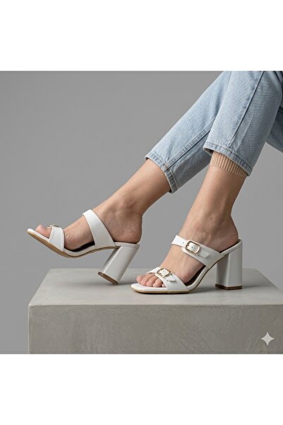 KİNDEP Yes Thick Heeled Double Buckle Women's Slippers White
