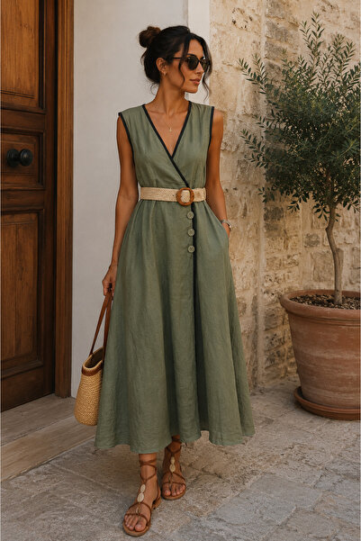 EREN STYLE Italian Waist-Wrapped Linen Dress (Length: 126 Cm.)