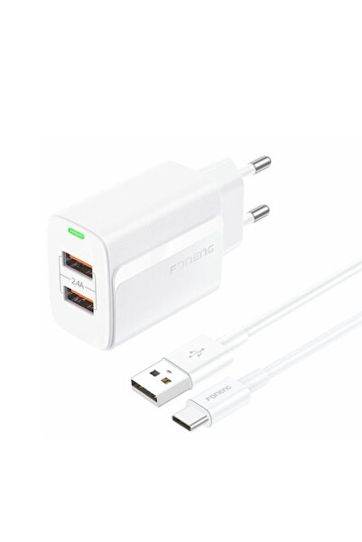 FONENG Φορτιστής με 2 θύρες USB-A και καλώδιο USB-C 12W Λευκός (EU63)