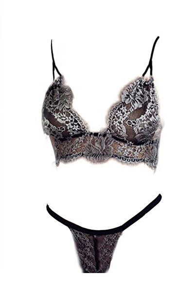 Generic Black Glitter Lace Lingerie Set, Triangle Bralette & Thong with Trim,...