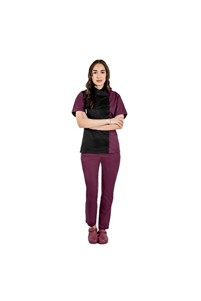 RUNI Uniforma bucatar dama negru cu visina tip tunica cu capse si pantaloni c...
