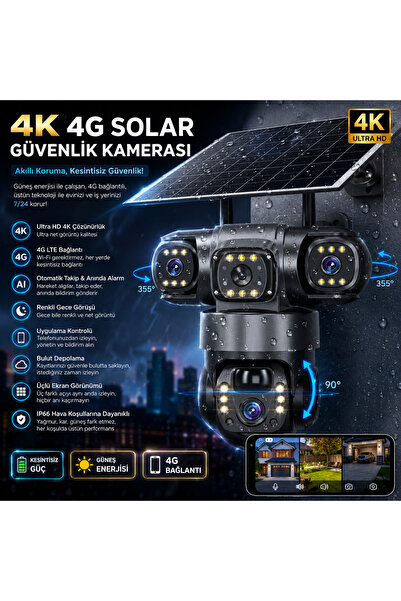 Dobest 3 Kamera 4K 4G SIM Solar PTZ Dış Mekan Güvenlik Seti Otomatik Takip ve...