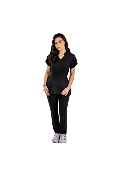RUNI Costum medical stretch Alina, culoare negru, bluza cu cordon si pantalon...