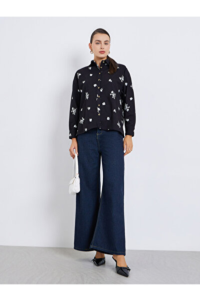 Styli Women Black Floral Embroidered Shirt