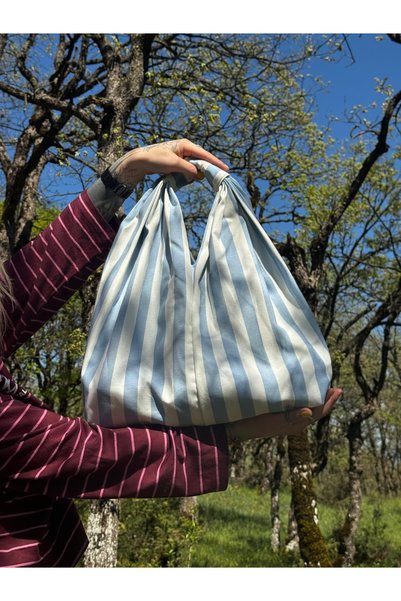 AKGÜN EV TEKSTİLİ Striped Drawstring Beach Shoulder Bag Tote Bag Special Series Production